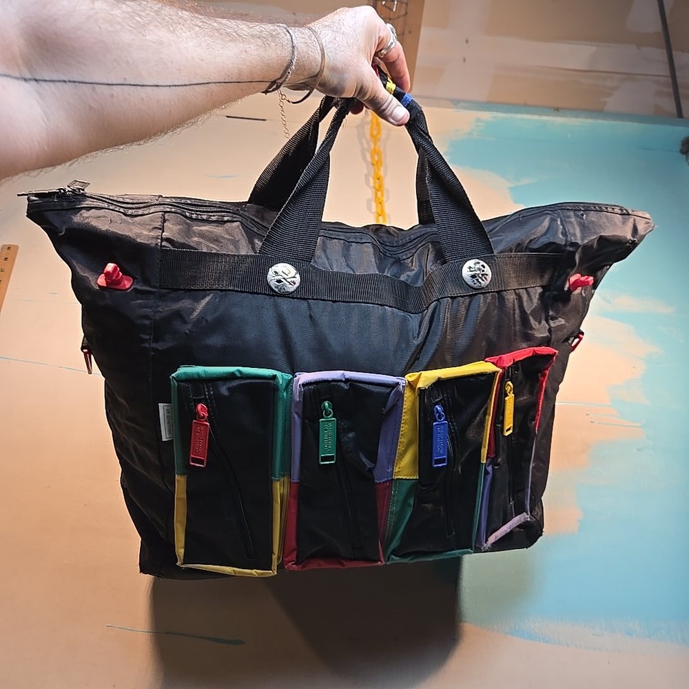 Vtg 1990s United Colors Of Benetton Nylon Duffel Black Logo Colorblock Pockets - Picture 6 of 16